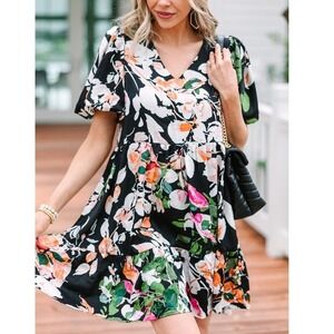 Entro Black Floral V-Neck Puff Sleeve Tiered Mini Dress Size M Summer Vacation